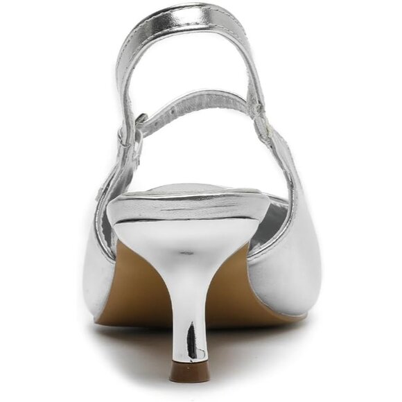 Amoji Women Silver Closed Pointed Toe Kitten Slingback Low Heel Pumps For Party - Picture 3 of 8